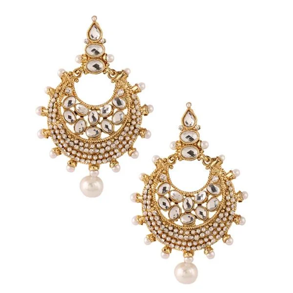 gold earrings for women-Kriaa White Kundan Gold Plated Pearl Dangler Earrings - 1303736