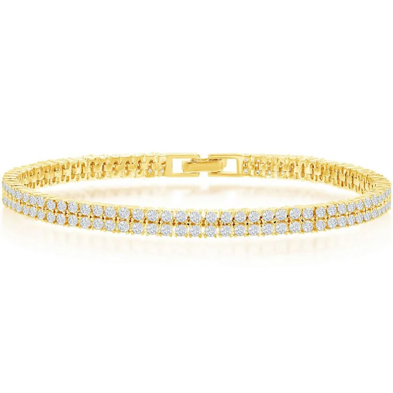 personalized bracelets for women-Classic Women's Bracelet - Sterling Silver Gold Double Row CZ Tennis | T-7885-GP