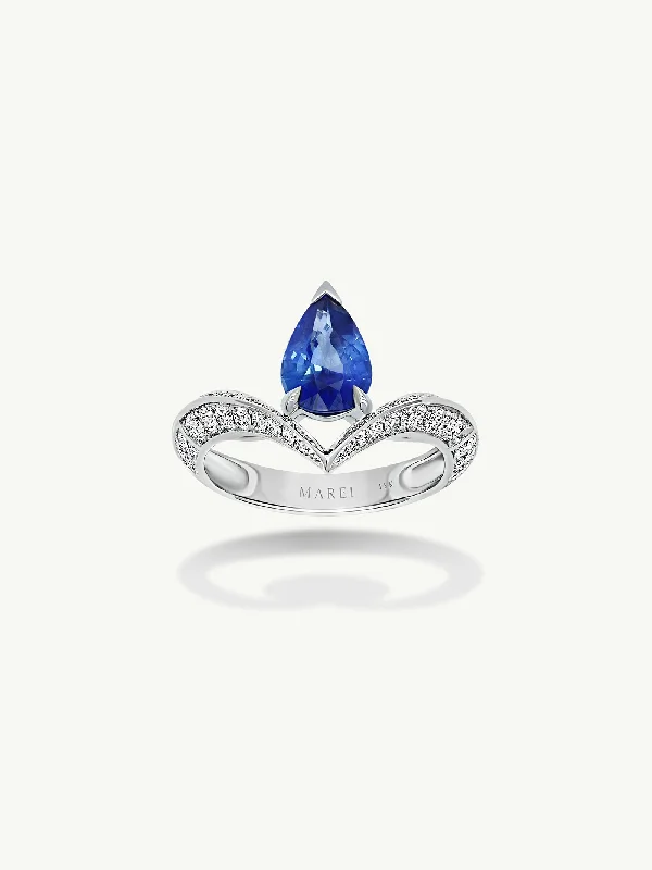 luxury gemstone rings for women-Dorian Floating Teardrop-Shaped Cornflower Blue Ceylon Sapphire Engagement Ring In 18K White Gold