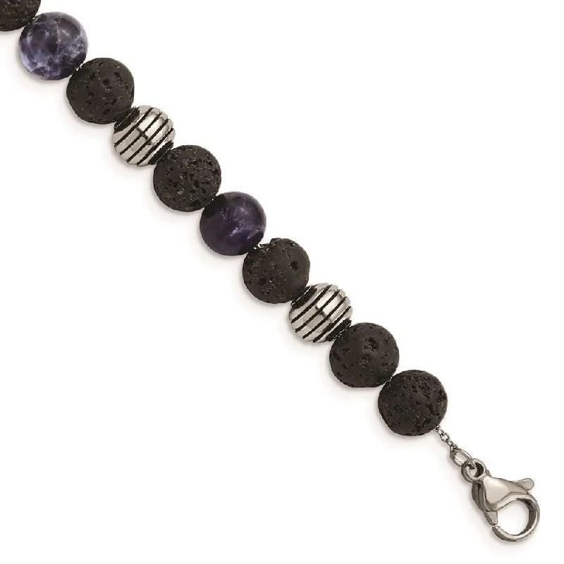 silver bangles for women-Stainless Steel Antiqued & Polished Lava Stone/Sodalite w/1in ext Bracelet