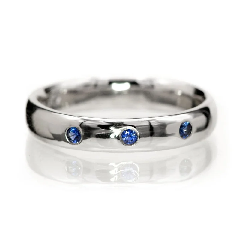 halo rings for women-Dana Ring - Narrow 2.5mm or 4mm wide 3 Blue Sapphire Flush Set Domed Wedding Band