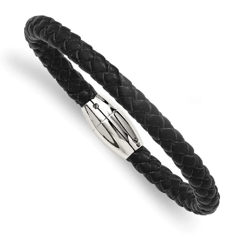 minimalist bangles for women-Stainless Steel Black Leather 8.5in Bracelet