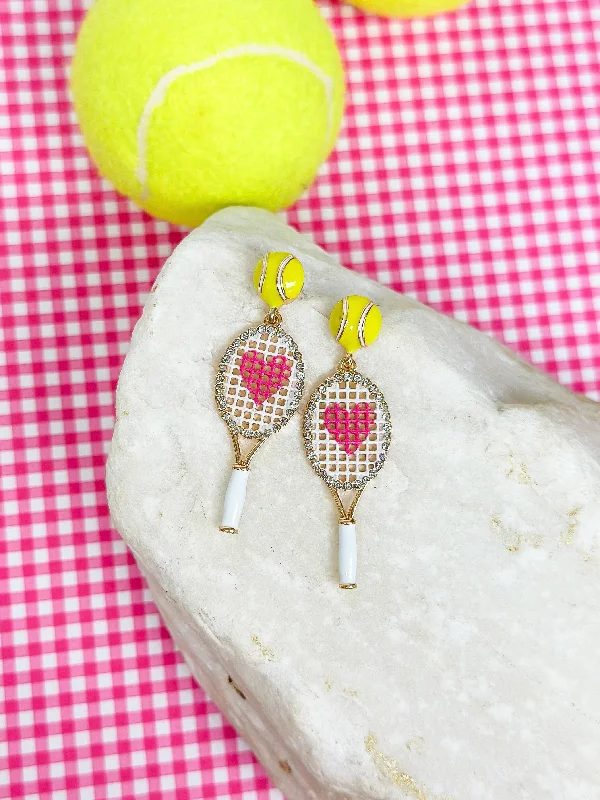 diamond earrings for women-Pink Heart Tennis Racket Dangle Earrings