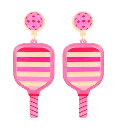 intricate earrings for women-Pink Stripe Pickleball Paddle Drop Earrings