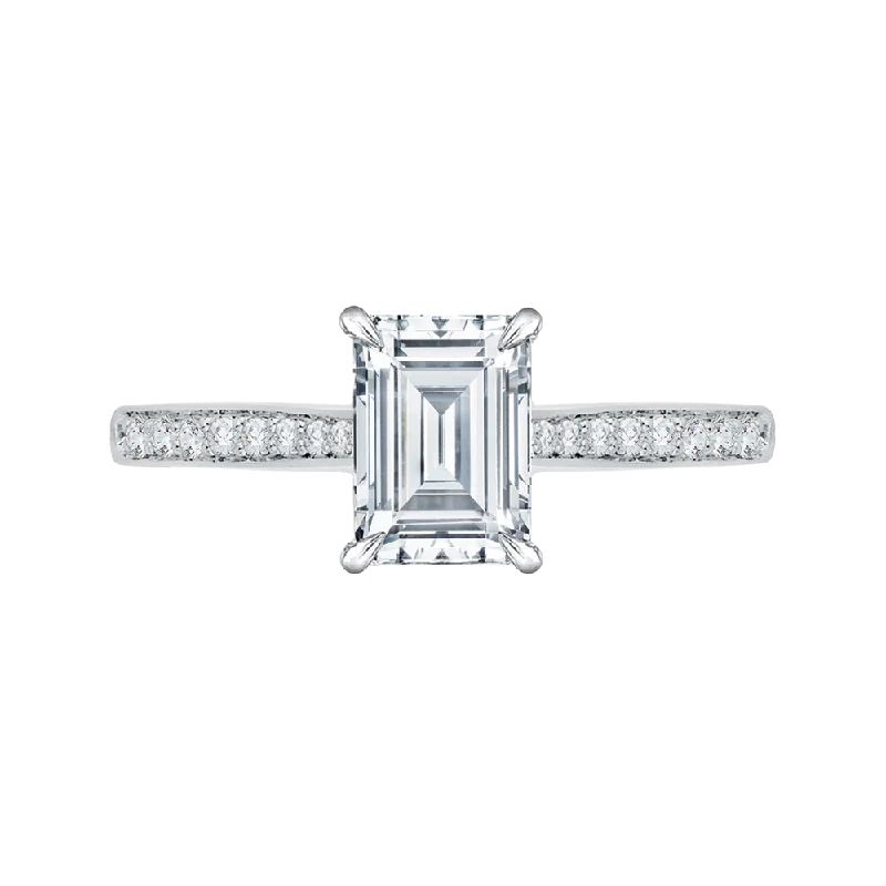 diamond engagement rings-Emerald Cut Diamond Solitaire with Accents Engagement Ring In 14K White Gold (Semi Mount)