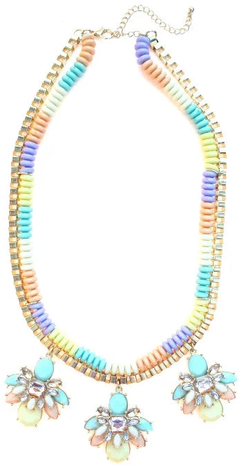 custom necklaces for women-Beaded & Jeweled Triple Pendant Statement Necklace- Pastel