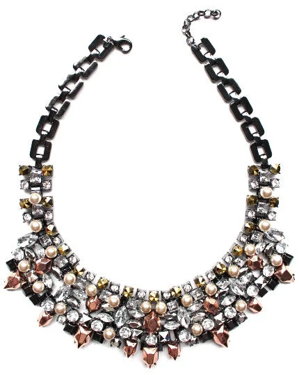 luxury silver necklaces for women-Metallic Crystal & Pearl Mix Statement Necklace