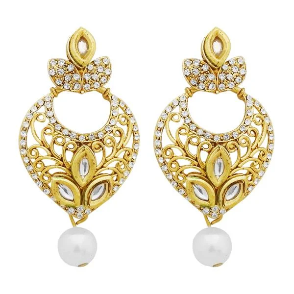 flower earrings for women-Jheel Stone Gold Plated Pearl Drop Dangler Earrings - 2900218B