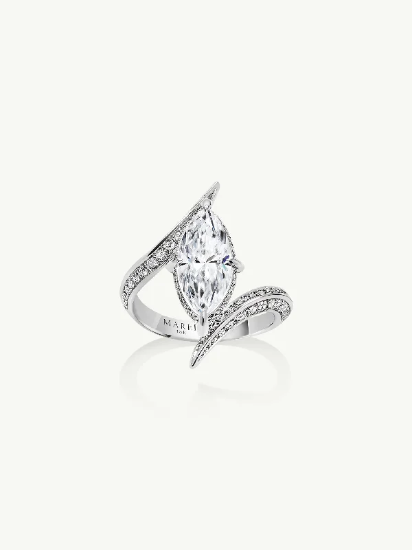 vintage engagement rings for women-Ayla Arabesque Engagement Ring With Marquise-Cut White Diamond & Pavé-Set Brilliant White Diamonds In 18K White Gold