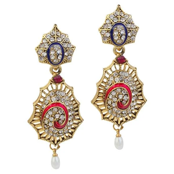 celebrity-inspired earrings for women-Kriaa Stone Meenakari Pearl Gold Plated Dangler Earrings - 1305202