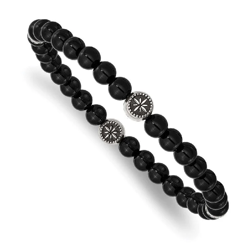 trendy bracelets for women-Stainless Steel Antiqued & Polished Black Agate Beaded Stretch Bracelet