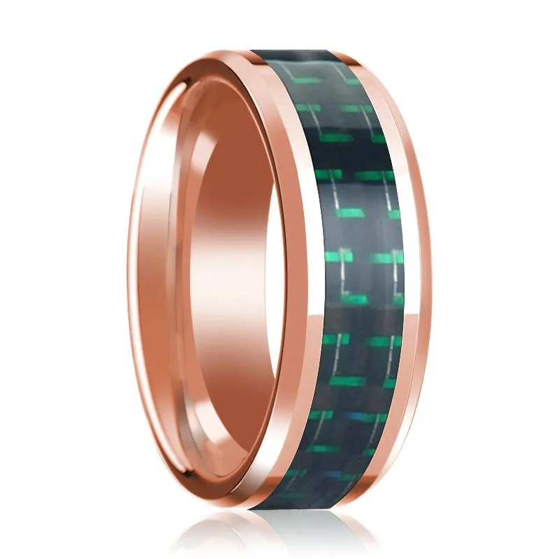 minimalistic rings for women-Black & Green Carbon Fiber Inlaid Men's 14k Rose Gold Polished Wedding Band with Beveled Edges - 8MM