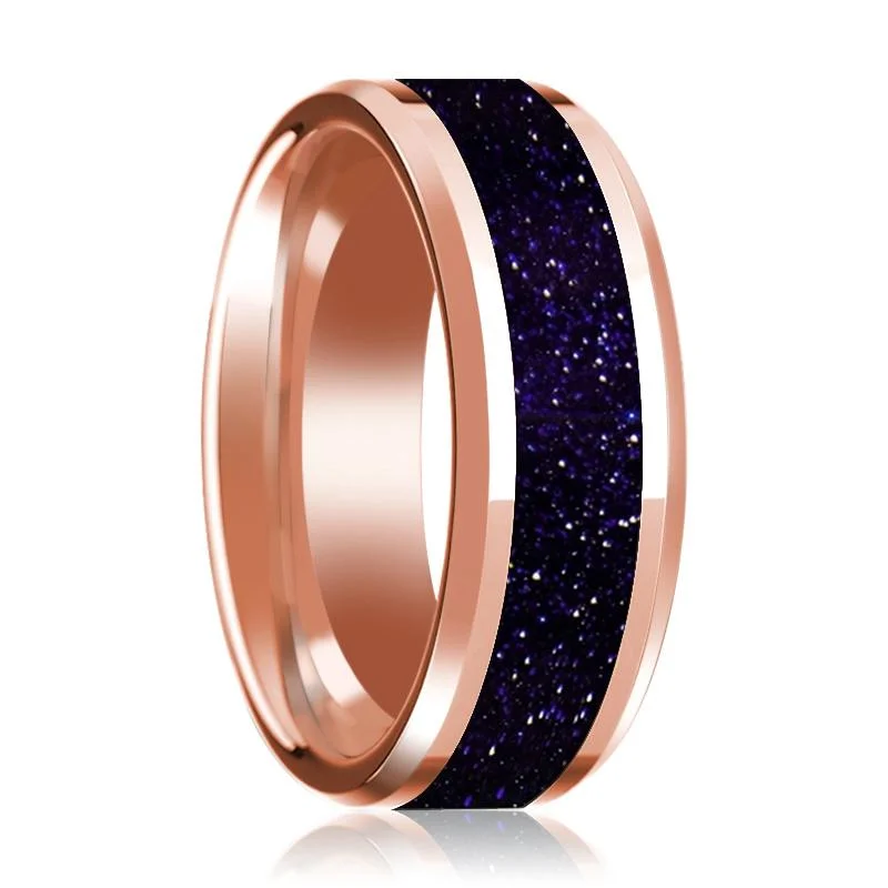 yellow gold engagement rings-Purple Gold Stone Inlaid 14k Rose Gold Polished Wedding Band for Men with Beveled Edges - 8MM