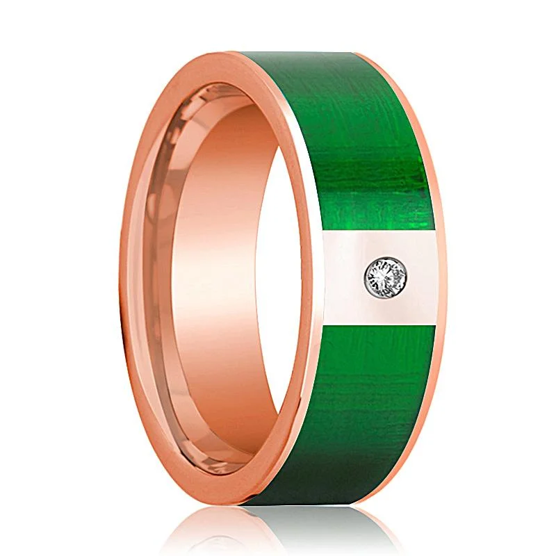 wide bands rings for women-Flat Polished 14k Rose Gold Men's Wedding Band with Diamond and Textured Green Inlay - 8MM