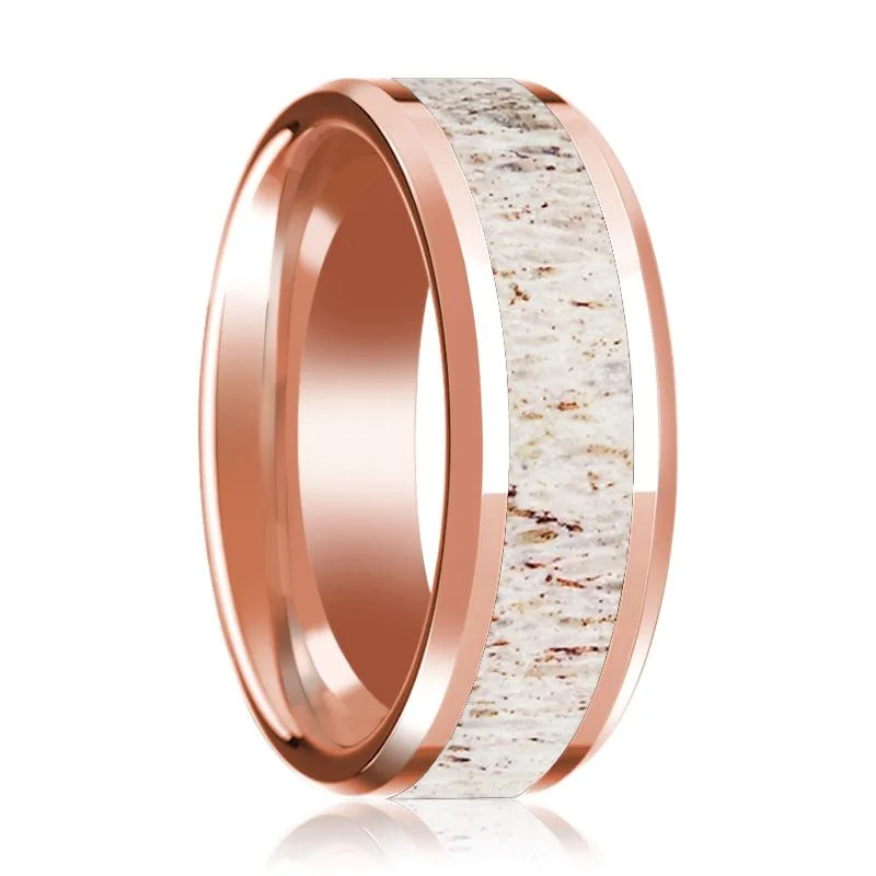 sterling silver rings for women-Beveled 14k Rose Gold Wedding Band for Men with White Deer Antler Inlay Polished Finish - 8MM