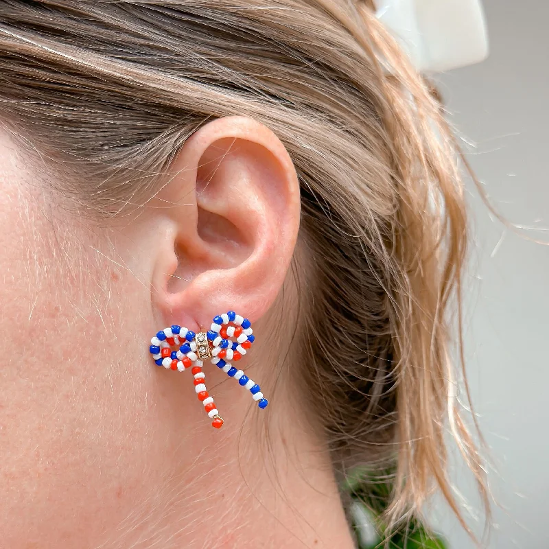 statement hoop earrings for women-Red, White, & Blue Beaded Bow Stud Earrings