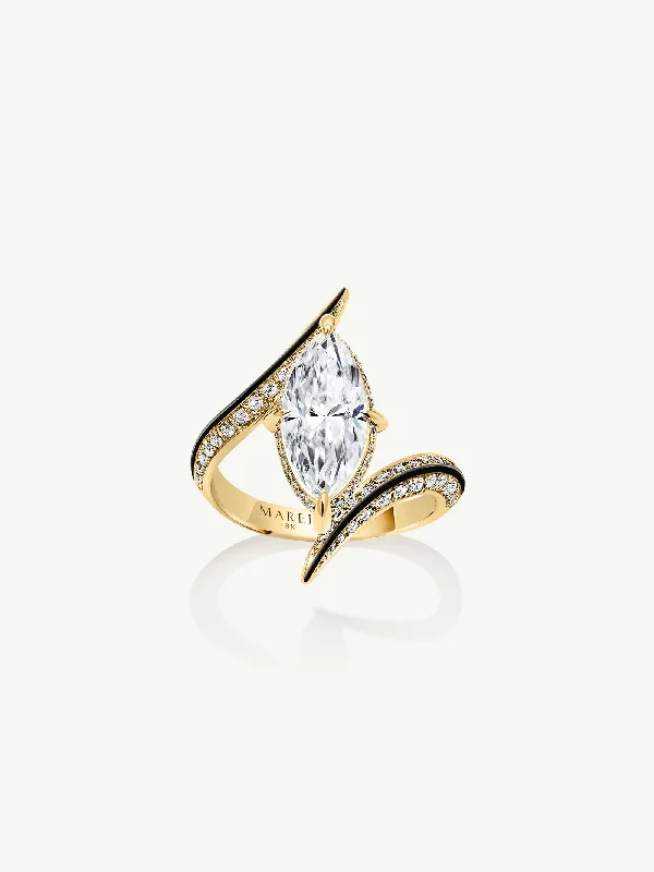 vintage rings for women-Ayla Arabesque Engagement Ring With Marquise-Cut White Diamond, Pavé-Set Brilliant White Diamonds & Enamel In 18K Yellow Gold