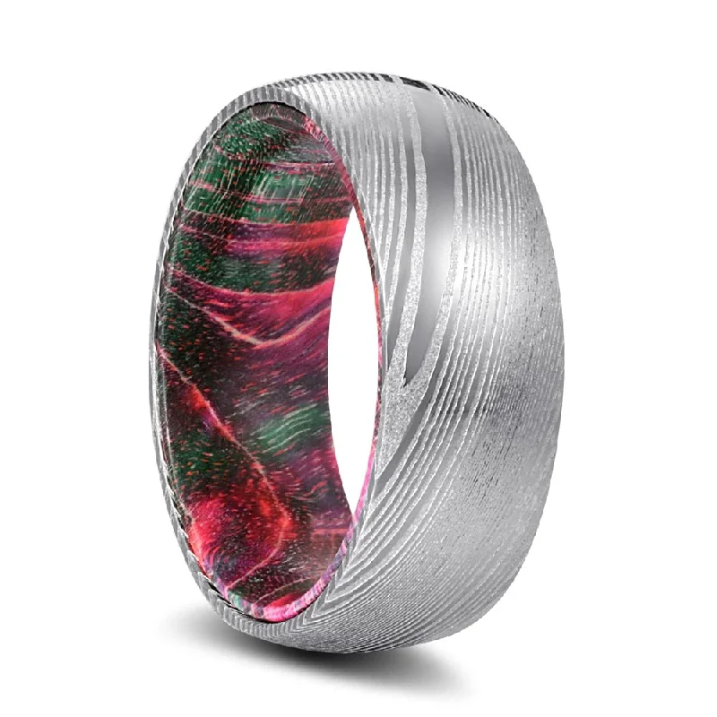 fancy diamond rings for women-EVANS | Green and Red Wood, Silver Damascus Steel, Domed