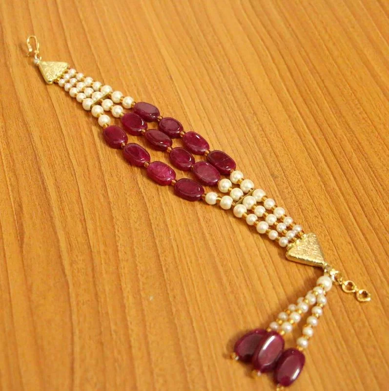 bangle bracelets for women-SEMI PRECIOUS RUBY & PEARL OPENABLE CHAIN BRACELET