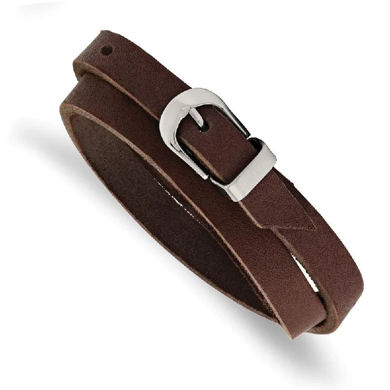 elegant bracelets for women-Stainless Steel Brown Leather Wrap Bracelet