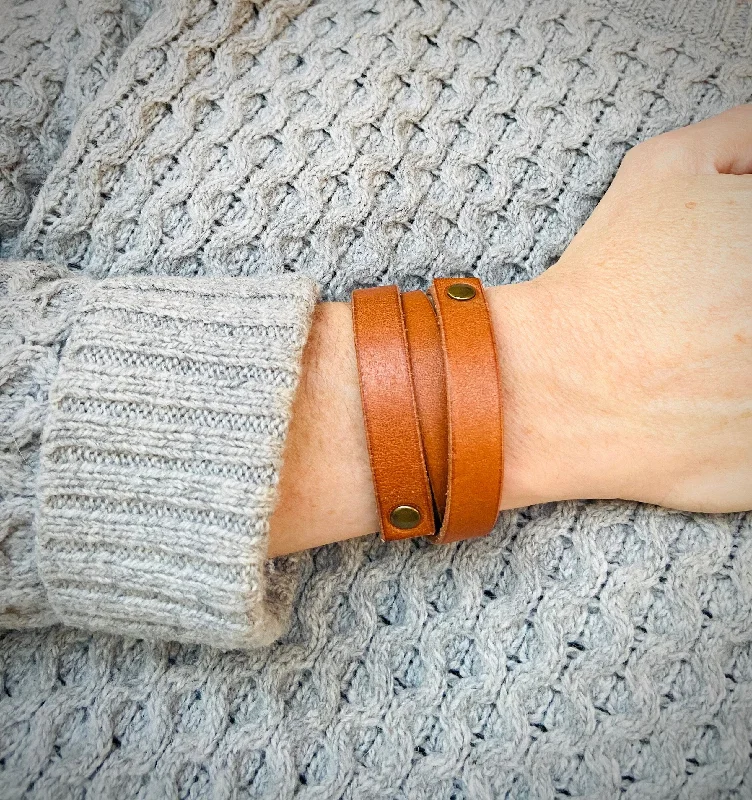 classic bangle bracelets for women-Leather Wrap Bracelet Handmade - Walnut Brown Leather + Brass