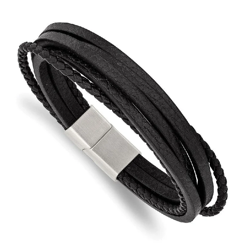 matching bangles for women-Stainless Steel Brushed Black Leather Multi Strand 8in Bracelet