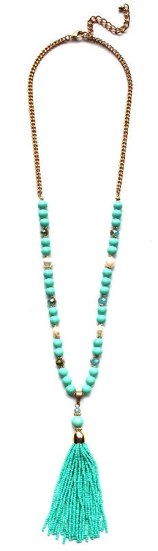 unique chain necklaces for women-Beaded Pearl Tassel Long Necklace- Mint