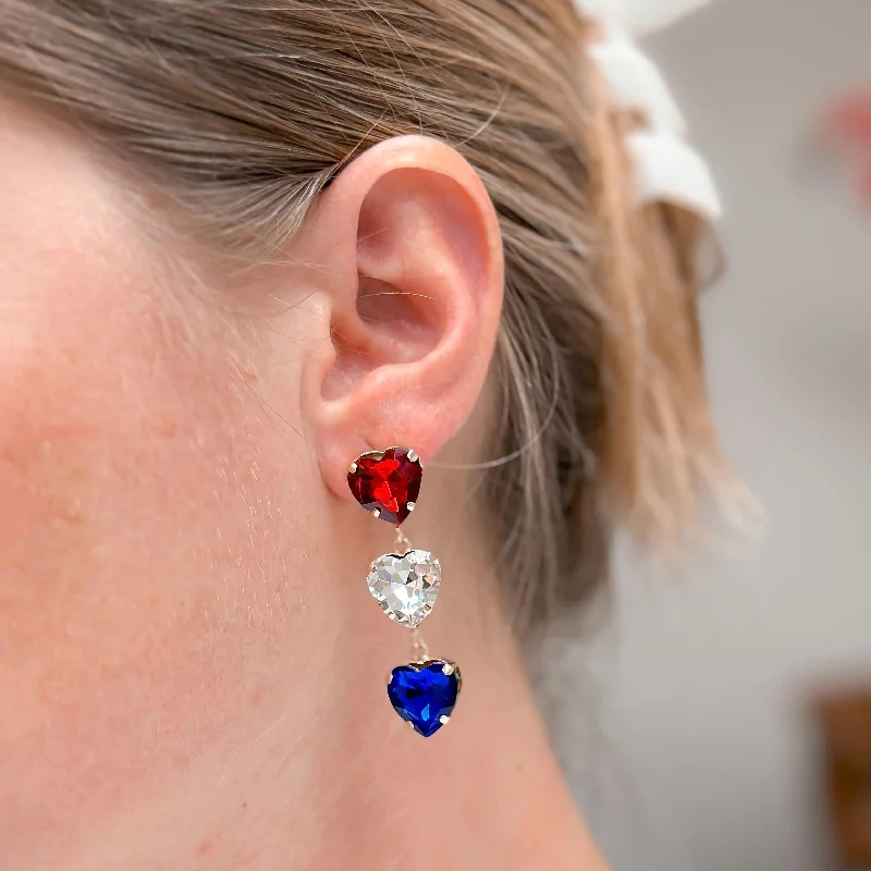 bold earrings for women-Red, White, & Blue Heart Gem Dangle Earrings