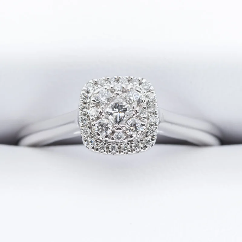 solitaire engagement rings-9ct White Gold .25ct Cushion shaped Princess & Brilliant cut Diamond Ring