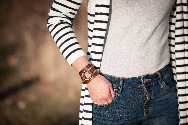 silver bangles for women-Personalized Leather Wrap Bracelet Cuff | Chrome Ring + Brown | Gift for Her and Him | Handmade Jewelry