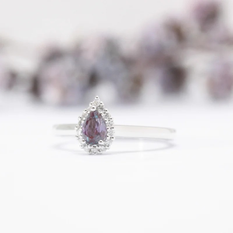 diamond rings for women-Pear Alexandrite Halo Engagement Ring