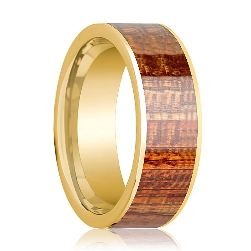 unique rings for women-Men's Engagement Ring Polished 14k Yellow Gold Flat Wedding Band with Mahogany Wood Inlay