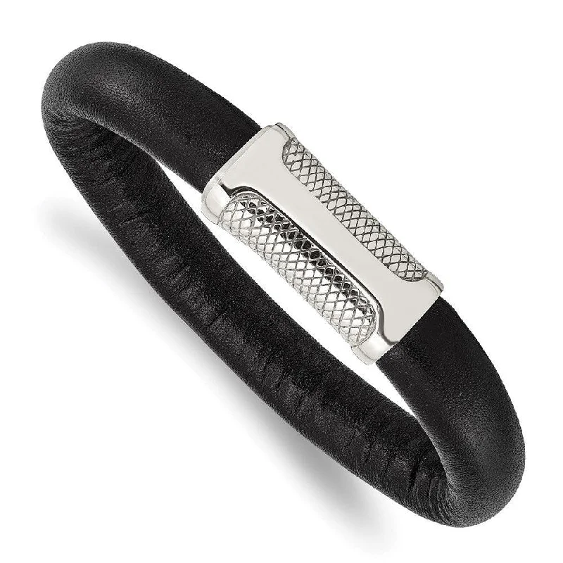 statement bangles for women-Stainless Steel Black Leather & Textured 8.5in Bracelet