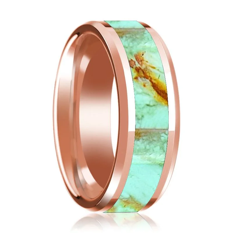 engagement rings with diamonds-Turquoise Stone Inlaid 14K Rose Gold Polished Wedding Band for Men with Beveled Edges - 8MM