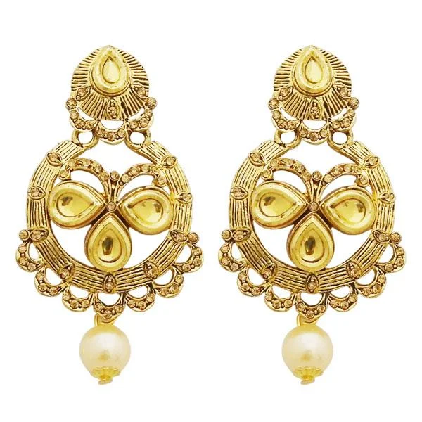 gold stud earrings for women-Jheel Stone Gold Plated Pearl Drop Dangler Earrings - 2900220A