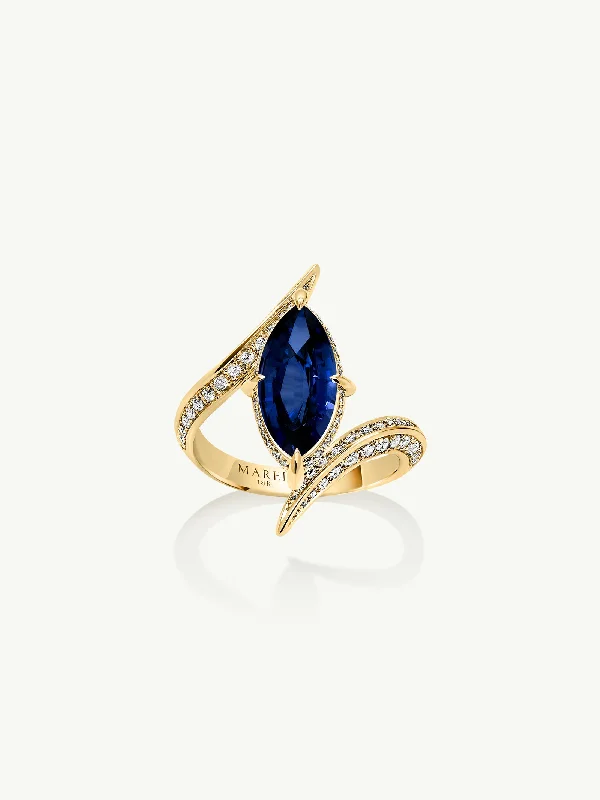 band rings for women-Ayla Arabesque Engagement Ring With Marquise-Cut Blue Sapphire & Brilliant Pavé-Set White Diamonds In 18K Yellow Gold