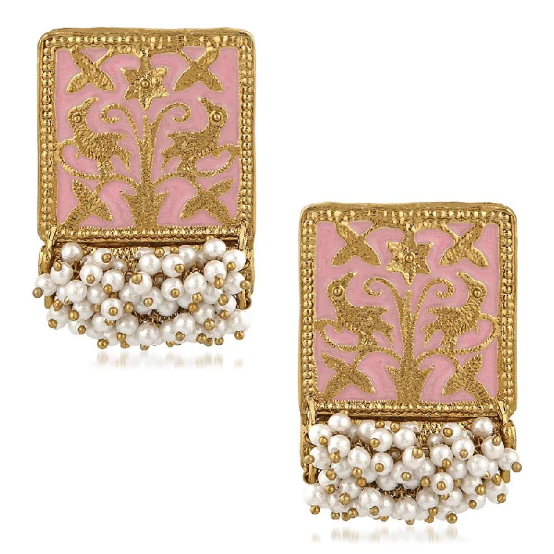 handcrafted earrings for women-Mahi Ethnic Meenakari Work Rectangular Shape Dangler Earring with Artificial Pearl for Women VECJ100138Pin