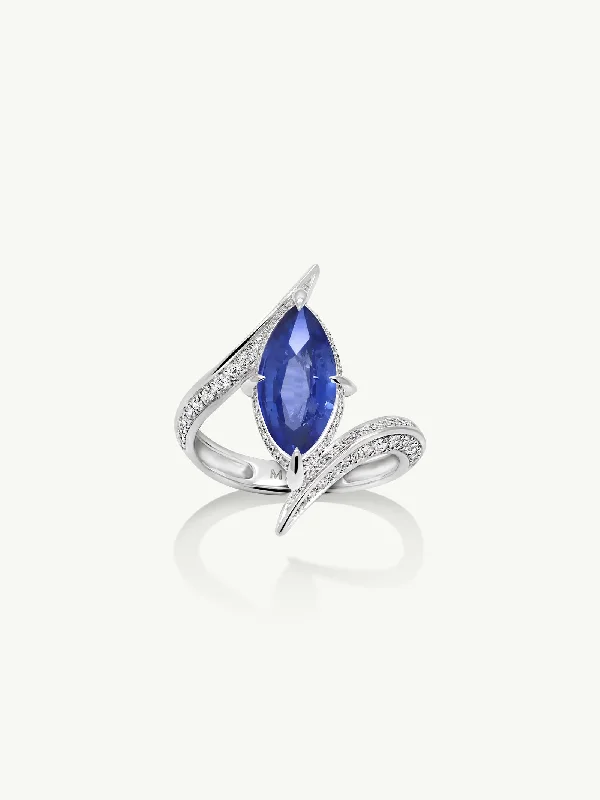 large gemstone rings for women-Ayla Arabesque Engagement Ring with Marquise-Cut Cornflower Blue Sapphire & Pavé-Set Brilliant White Diamonds In 18K White Gold