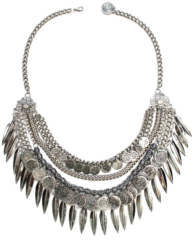 vintage necklaces for women-Layered Coin & Spike Fringe Necklace- Silver