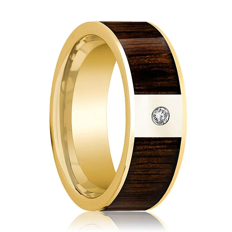 silver diamond rings for women-Men's 14k Yellow Gold & Diamond Flat Wedding Band with Black Walnut Inlay - 8MM