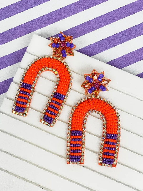 bohemian earrings for women-Game Day Beaded Arch Dangle Earrings - Orange & Purple