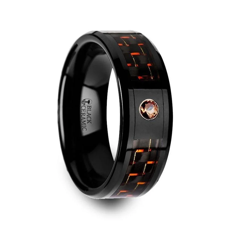 wedding ring sets for women-Men's Ceramic Ring With Black & Orange Carbon Fiber And Orange Padparadscha Setting - 8mm