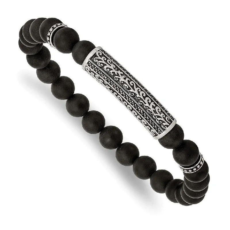 bangle bracelets for women-Stainless Steel Antiqued & Polished with Black CZ & Agate Stretch Bracelet