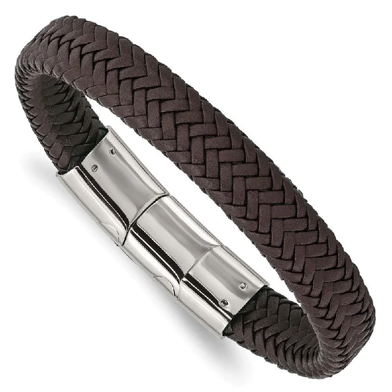 bangle bracelets for women-Stainless Steel Polished Woven D.Brown Leather w/.5in ext 8in Bracelet