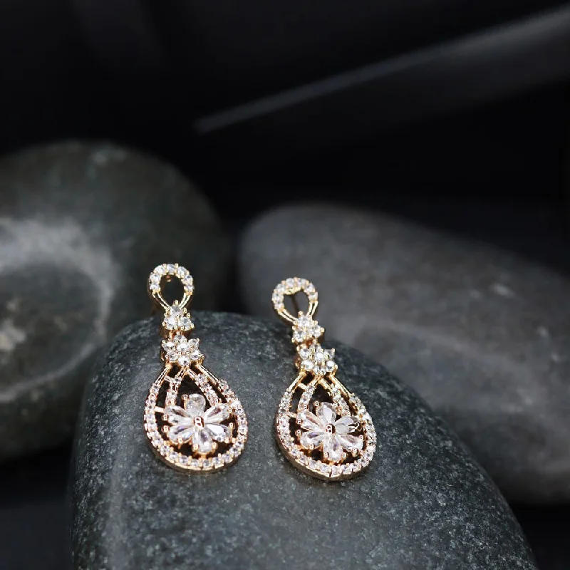 emerald earrings for women-Etnico Valentine's Special Rose Gold Plated & White AD Studded Drop Earrings for Women (E2976)