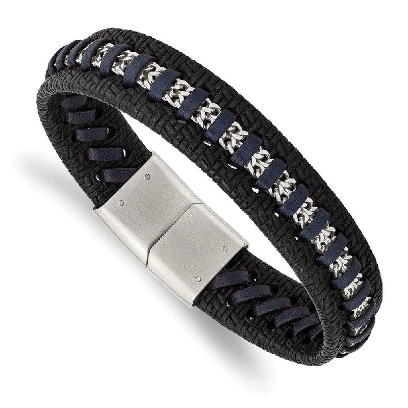 modern bangles for women-Stainless Steel Polished Black and Blue Leather 8.5in Bracelet