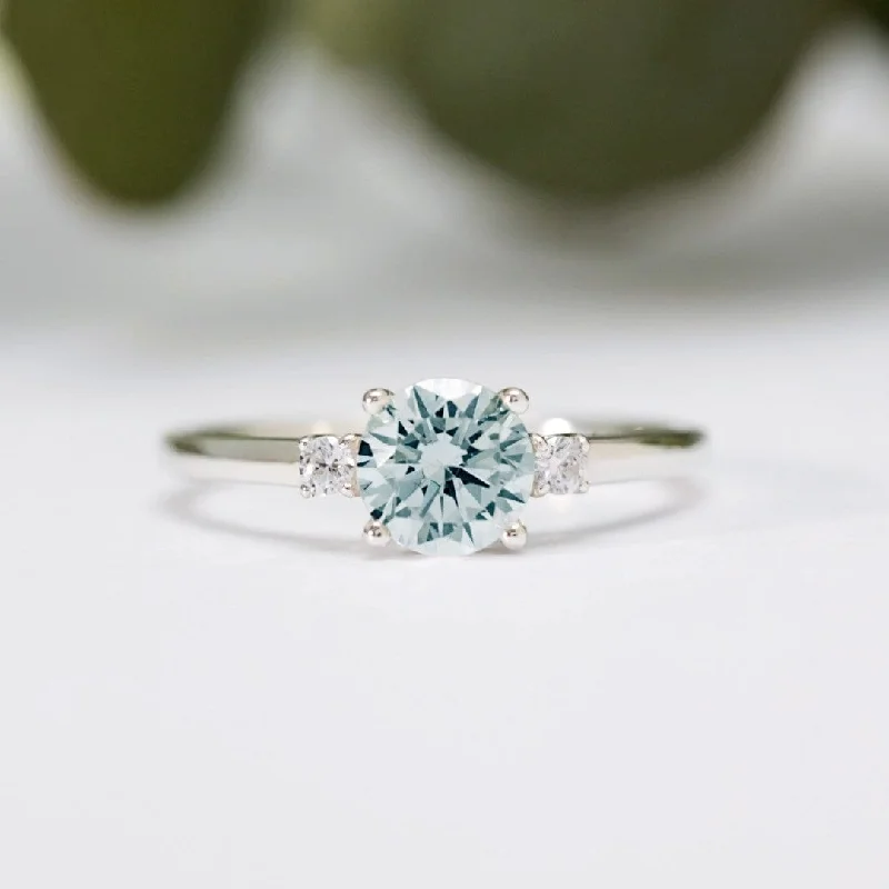 radiant diamond rings for women-Round Aquamarine Diamond Trilogy Ring