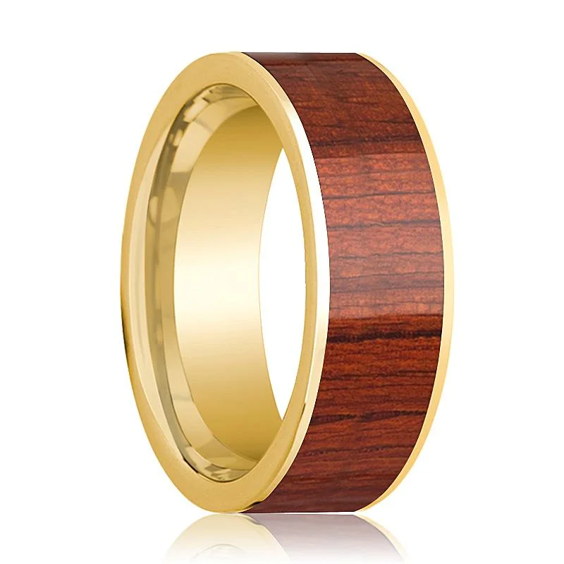 silver engagement rings for women-Men's Flat 14k Yellow Gold Wedding Band with Padauk Wood Inlay Polished Finish - 8MM