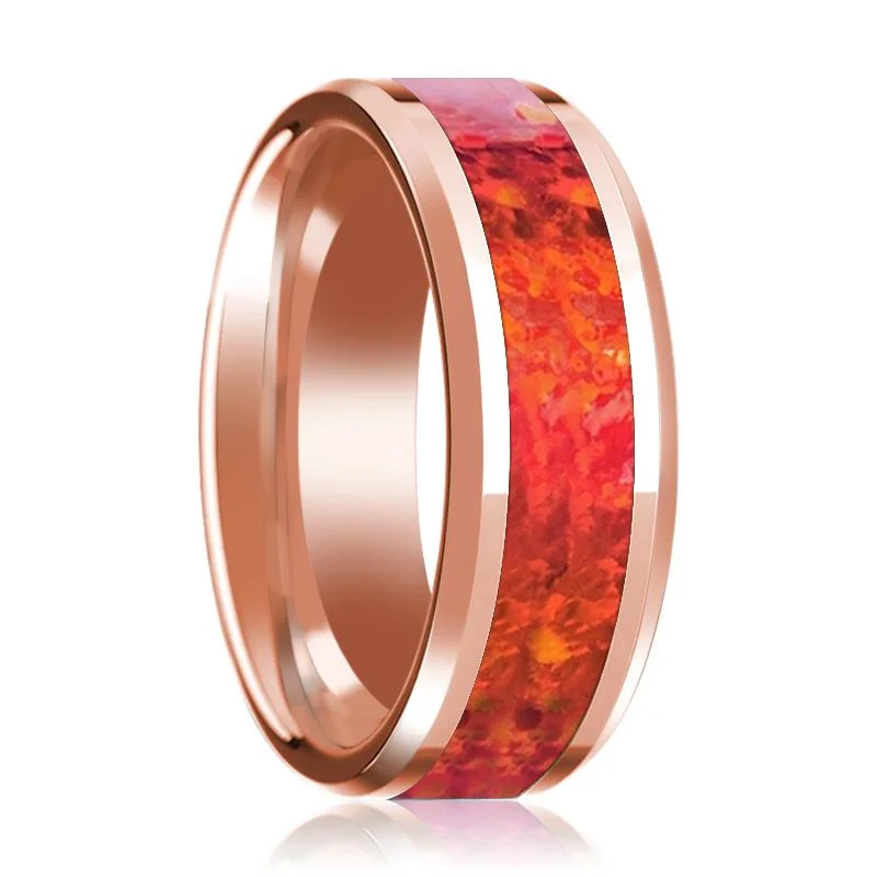 luxury diamond engagement rings-Beveled 14k Rose Gold Wedding Band for Men with Red Opal Inlay & Polished Finish - 8MM