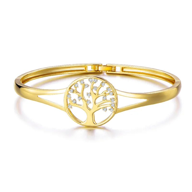 gemstone bracelets for women-Gold Plated Tree of Life Bangle Created with Zircondia® Crystals (7 Inch)